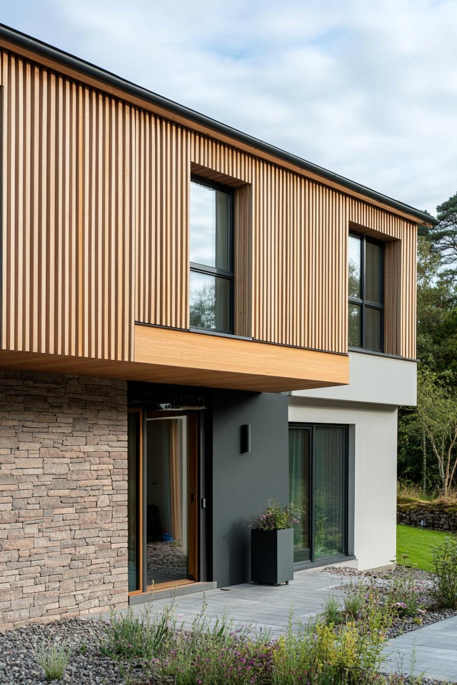 modern house facade with timber gladding and vertical wood slat panels