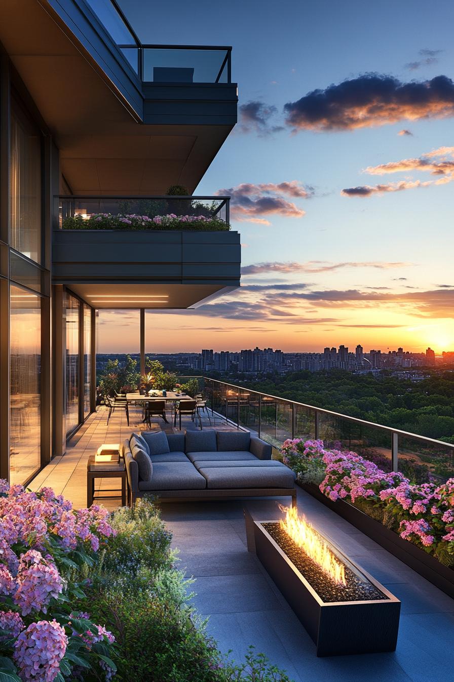 modern rooftop terrace with glass railings modern cushioned furniture LED lighting gas firepit blossoming flower beds sunset view of a city with 1