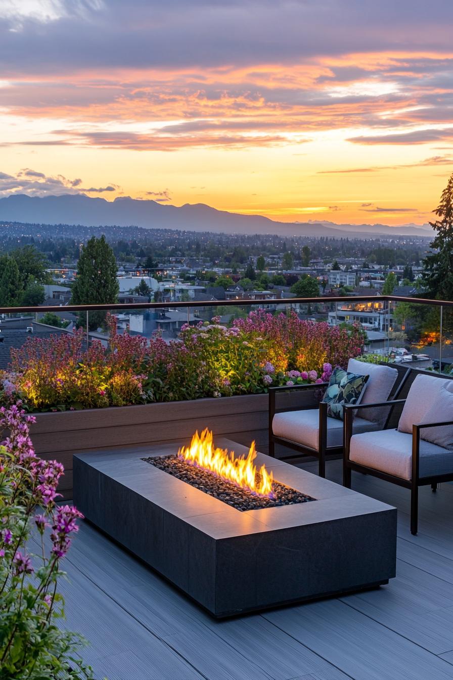 modern rooftop terrace with glass railings modern cushioned furniture LED lighting gas firepit blossoming flower beds sunset view of a city with 2