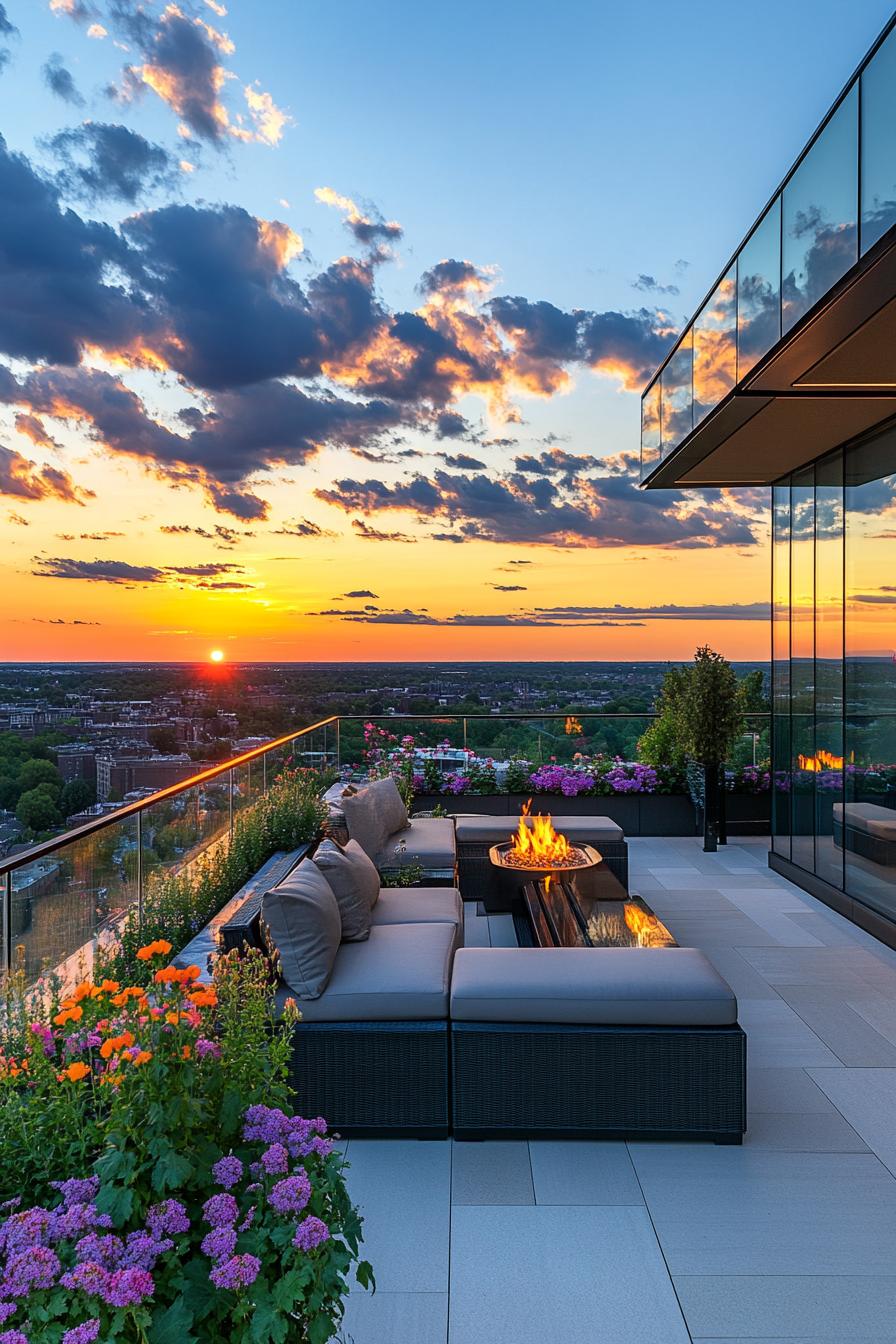 modern rooftop terrace with glass railings modern cushioned furniture LED lighting gas firepit blossoming flower beds sunset view of a city with 3