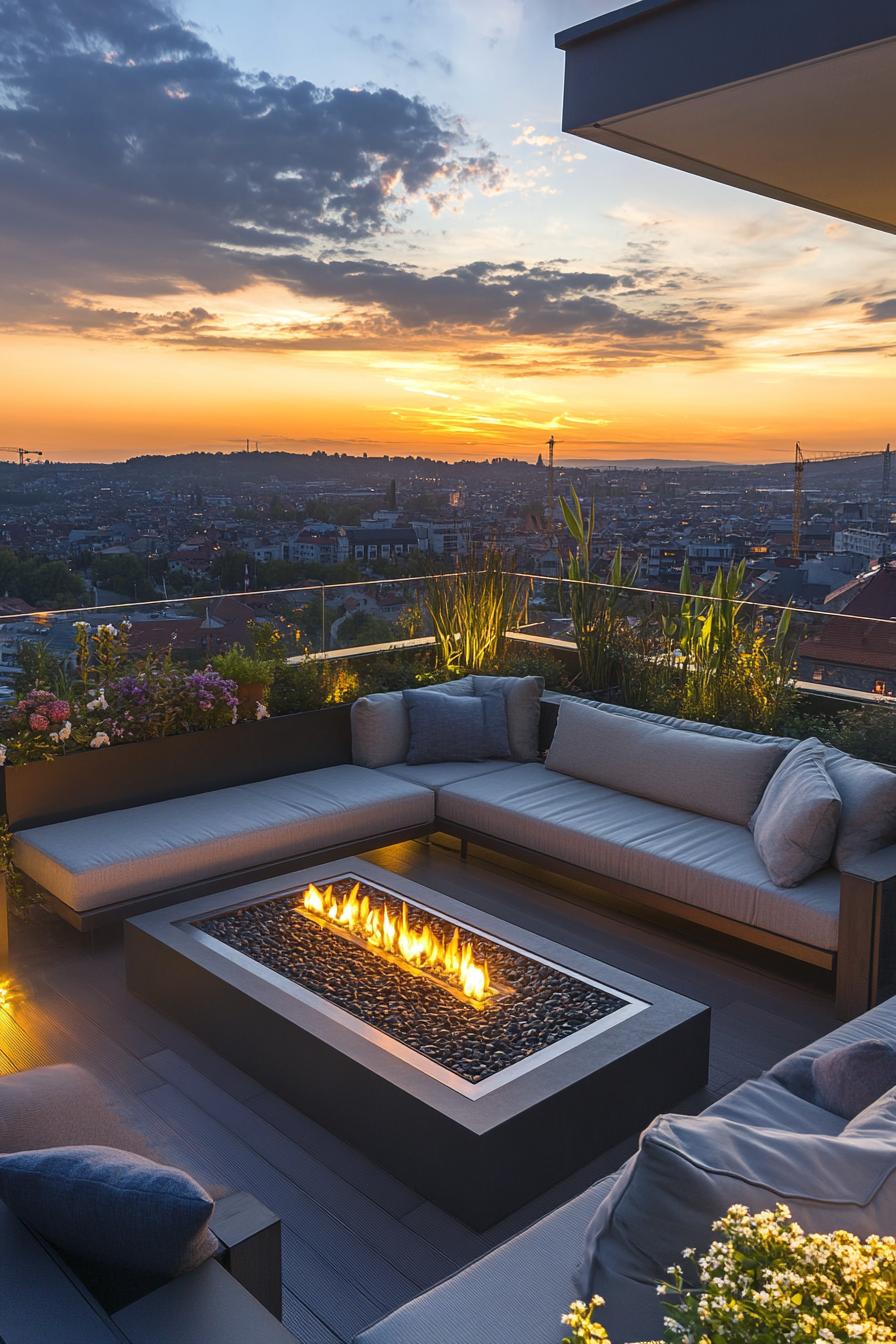 modern rooftop terrace with glass railings modern cushioned furniture LED lighting gas firepit blossoming flower beds sunset view of a city with