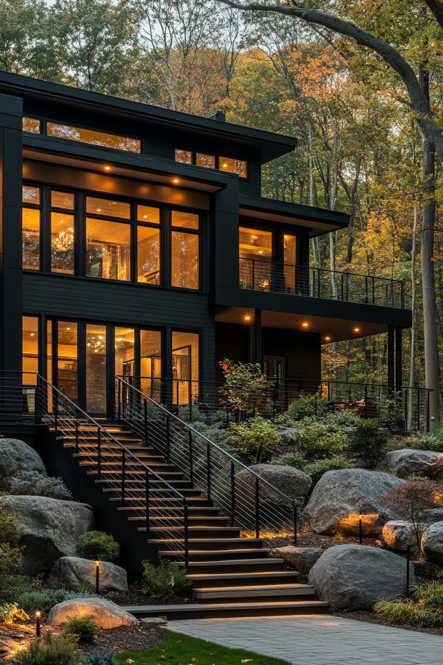 modern split level home with stairs to porch LED lit steps boulders on slope black house siding modern black roof black metal railings v 6.1