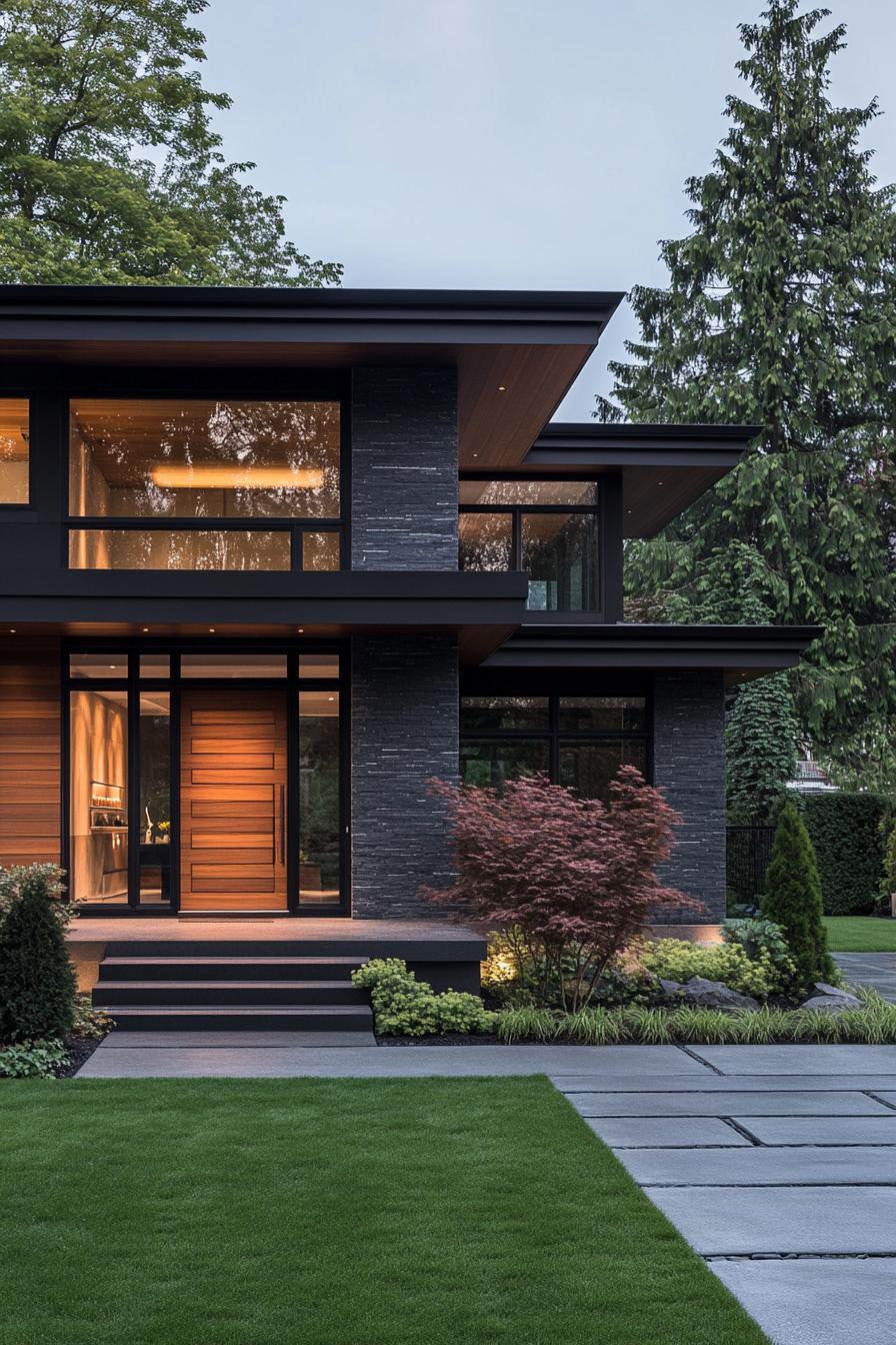 modern villa design with cascading facade dark wood slatted siding black trim dark grey granite accents veritcal full wall glass windows tall 1