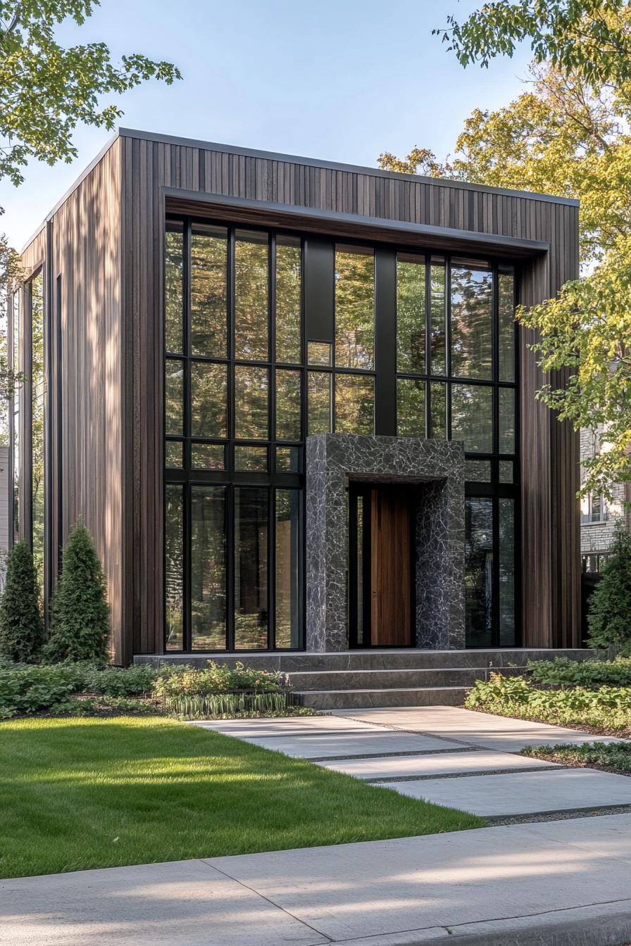 modern villa design with cascading facade dark wood slatted siding black trim dark grey granite accents veritcal full wall glass windows tall 2