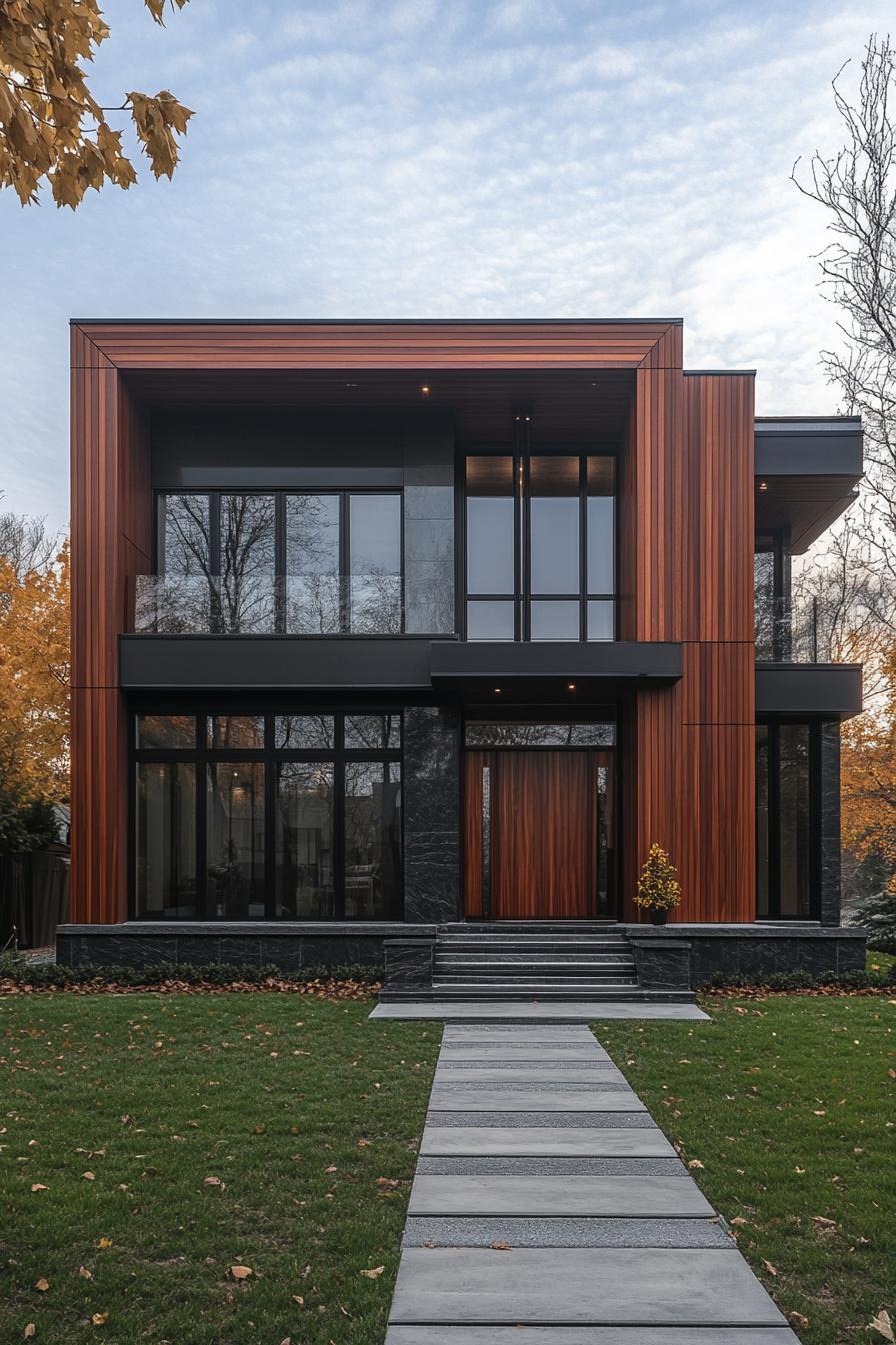 modern villa design with cascading facade dark wood slatted siding black trim dark grey granite accents veritcal full wall glass windows tall