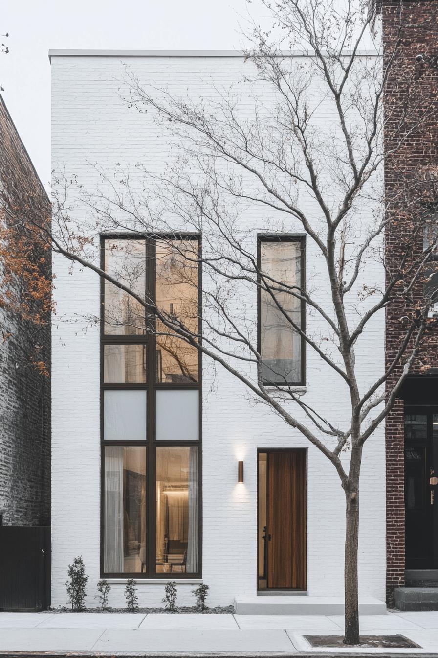 modern white brick townhouse with modern windows in white trim 1