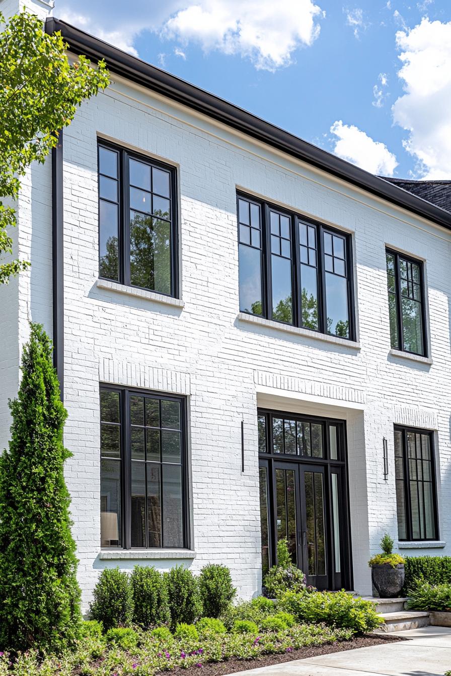 modern white brick townhouse with modern windows in white trim