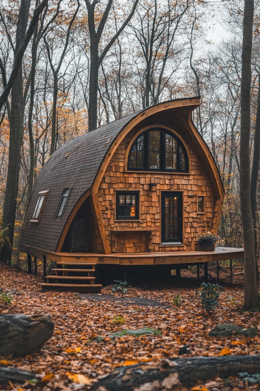 Cozy arched cabin surrounded by autumn leaves