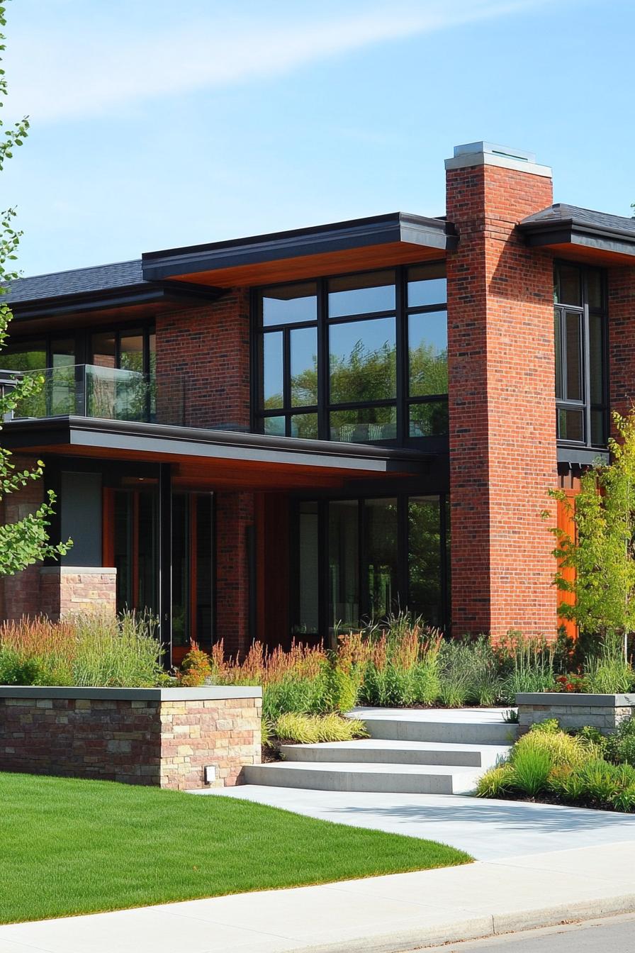 red brick village house with large modern windows concrete paved front yard with lawn and native shrubs 1