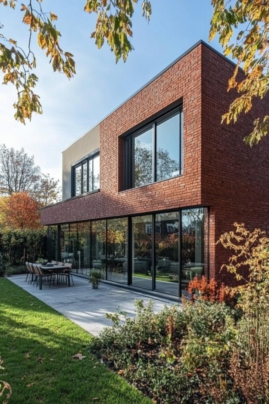 red brick village house with large modern windows concrete paved front yard with lawn and native shrubs 2