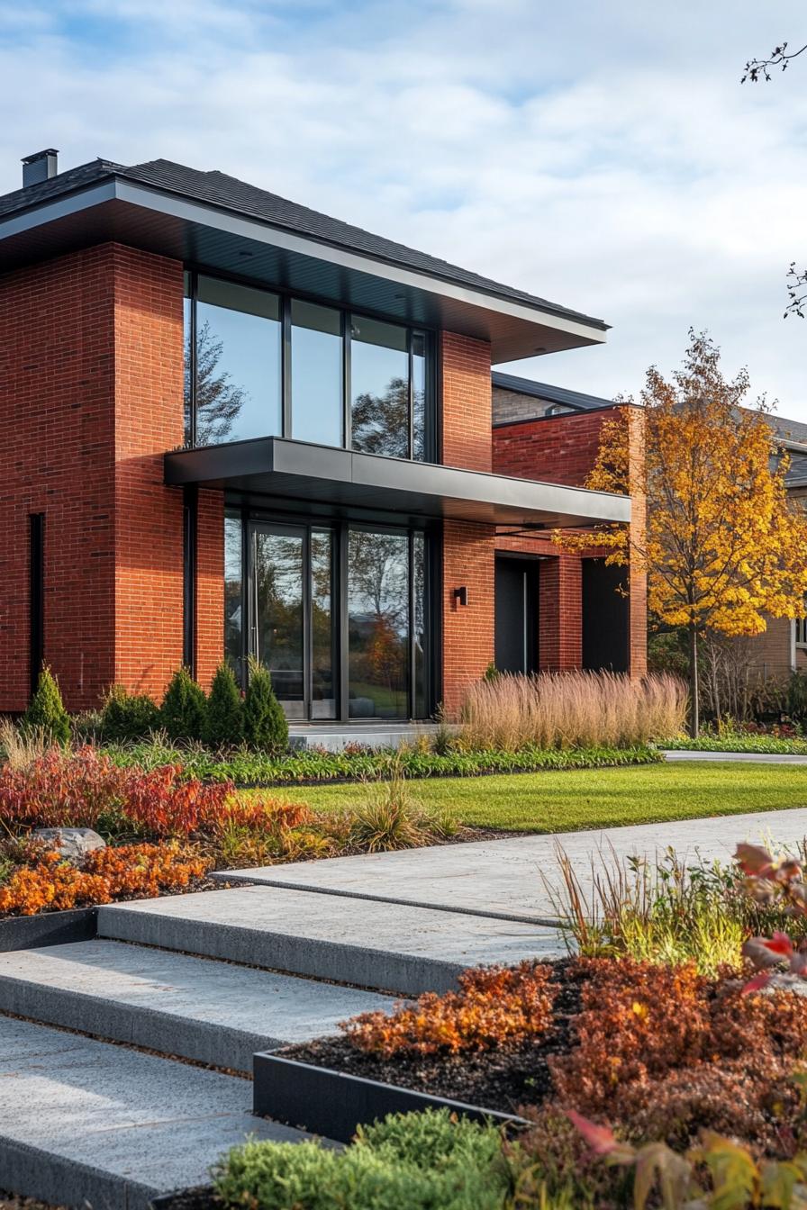 red brick village house with large modern windows concrete paved front yard with lawn and native shrubs 3