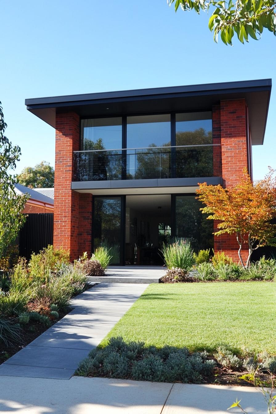 red brick village house with large modern windows concrete paved front yard with lawn and native shrubs