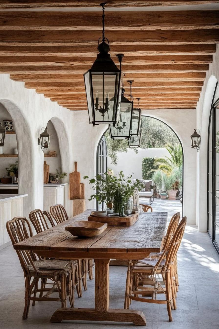 rustic spanish dining area interior white stucco walls arches wooden ceiling with beams hardwood floor large rustic wooden table with chairs 1