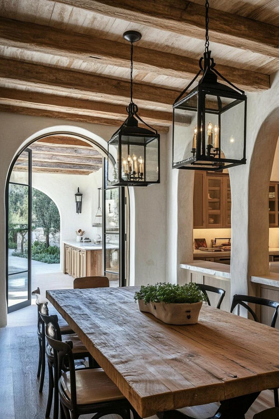 rustic spanish dining area interior white stucco walls arches wooden ceiling with beams hardwood floor large rustic wooden table with chairs 2