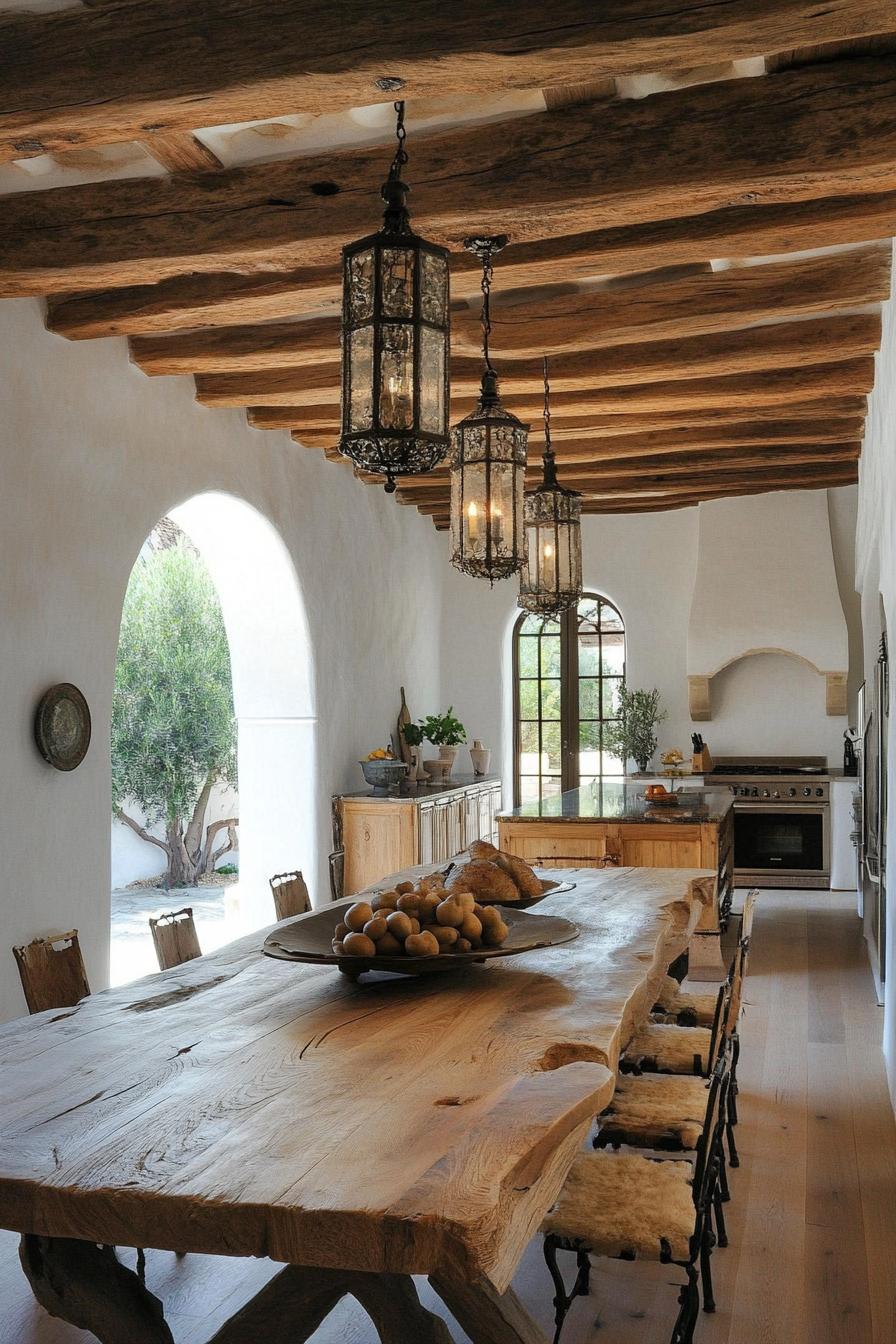 rustic spanish dining area interior white stucco walls arches wooden ceiling with beams hardwood floor large rustic wooden table with chairs 3