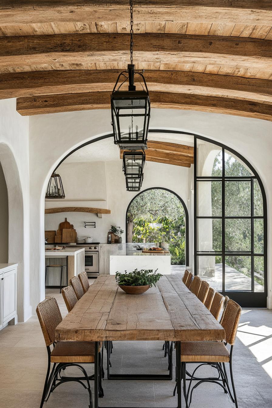 rustic spanish dining area interior white stucco walls arches wooden ceiling with beams hardwood floor large rustic wooden table with chairs