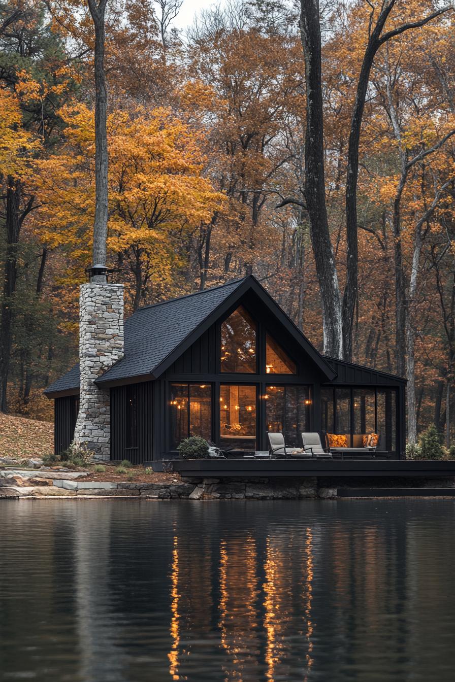 A modern cabin reflecting in a tranquil lake surrounded by autumn trees