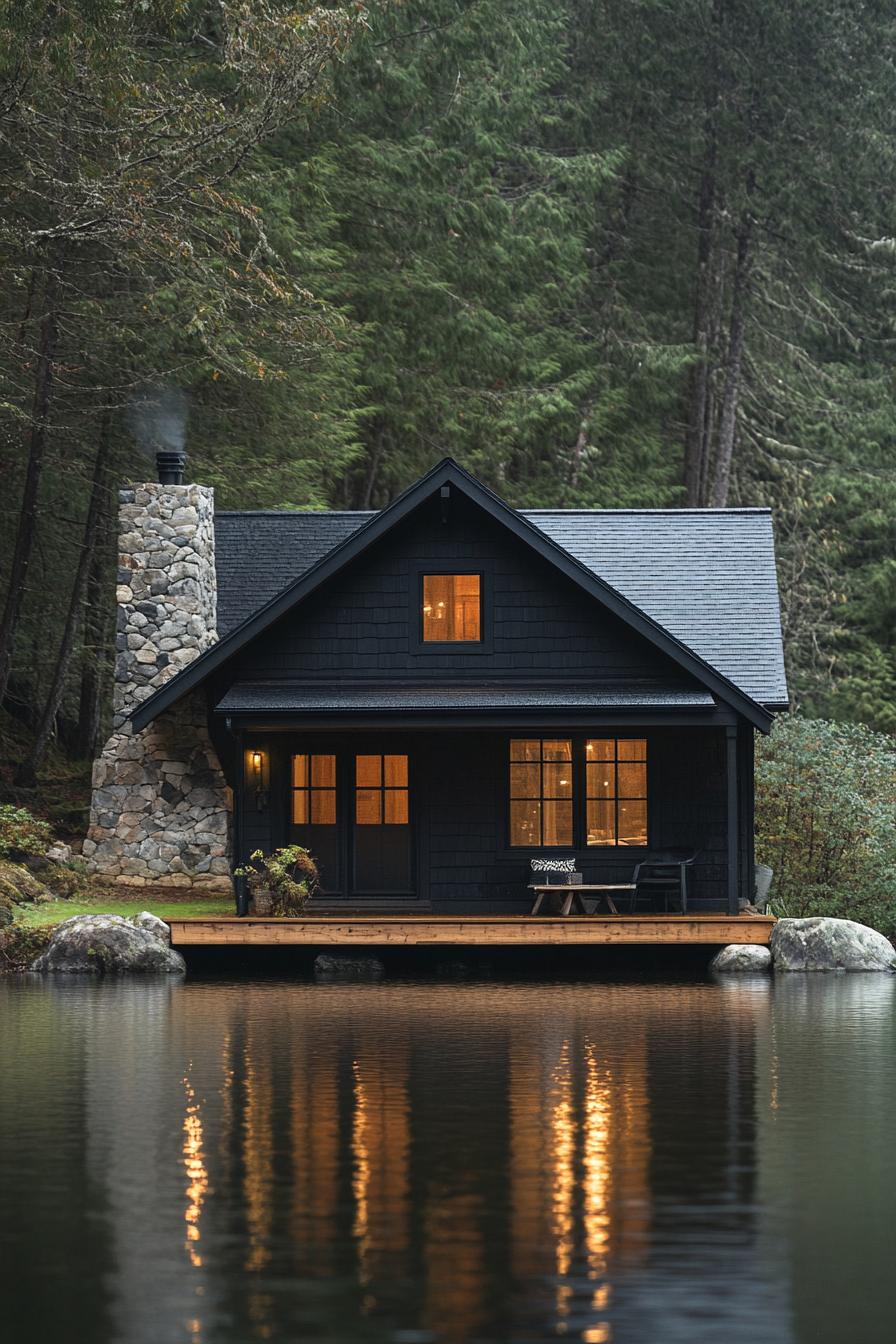 A charming cabin by the lake with a stone chimney and warm glowing windows