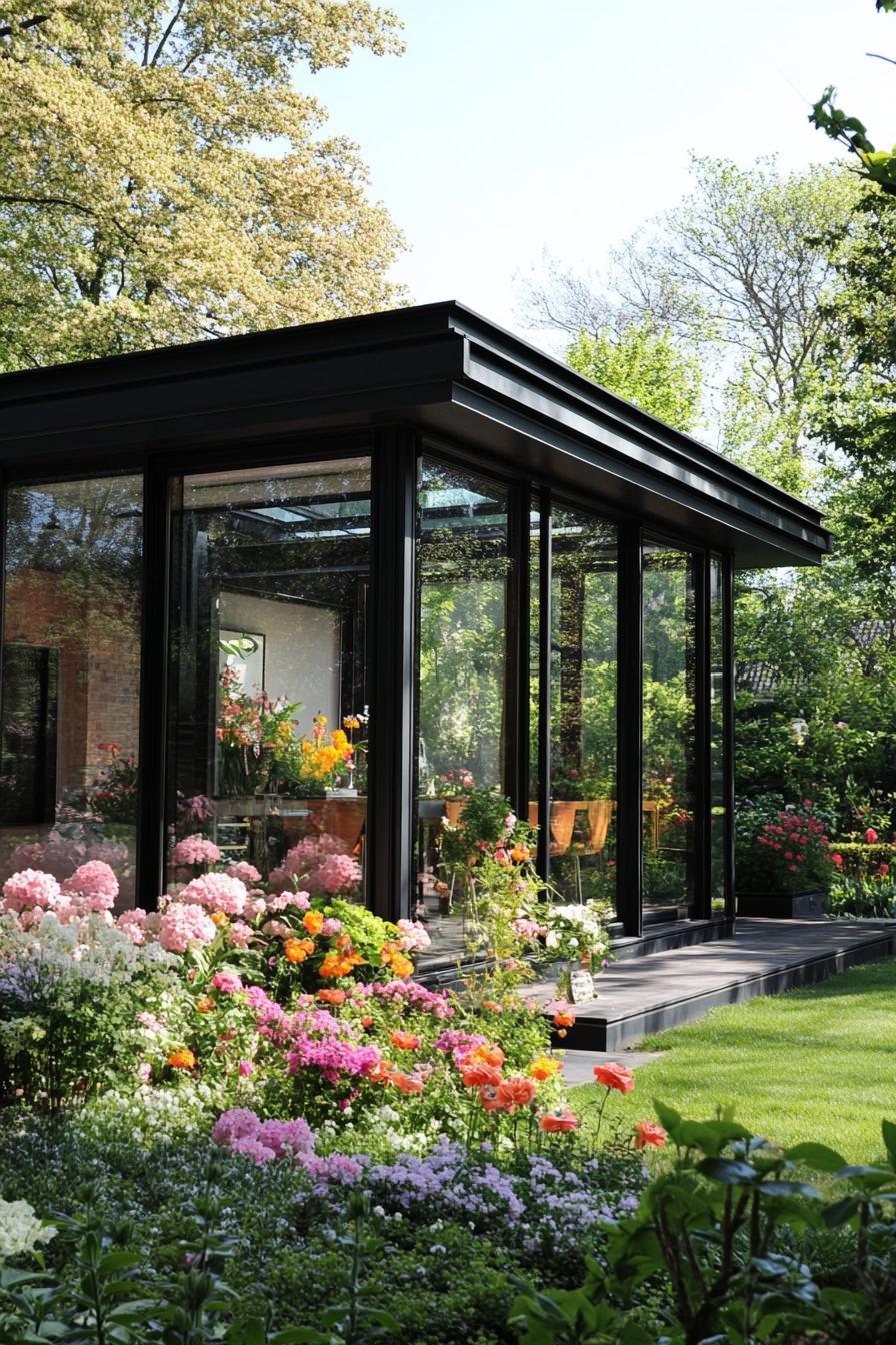 tiny full glass modern house with black metal frame slanted roofm front garden with flowers