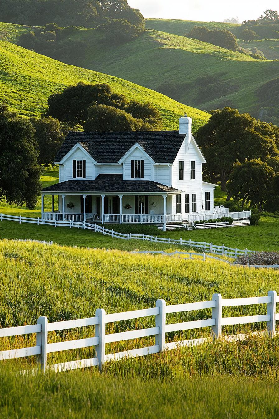 White farmhouse with a wraparound porch in lush hills