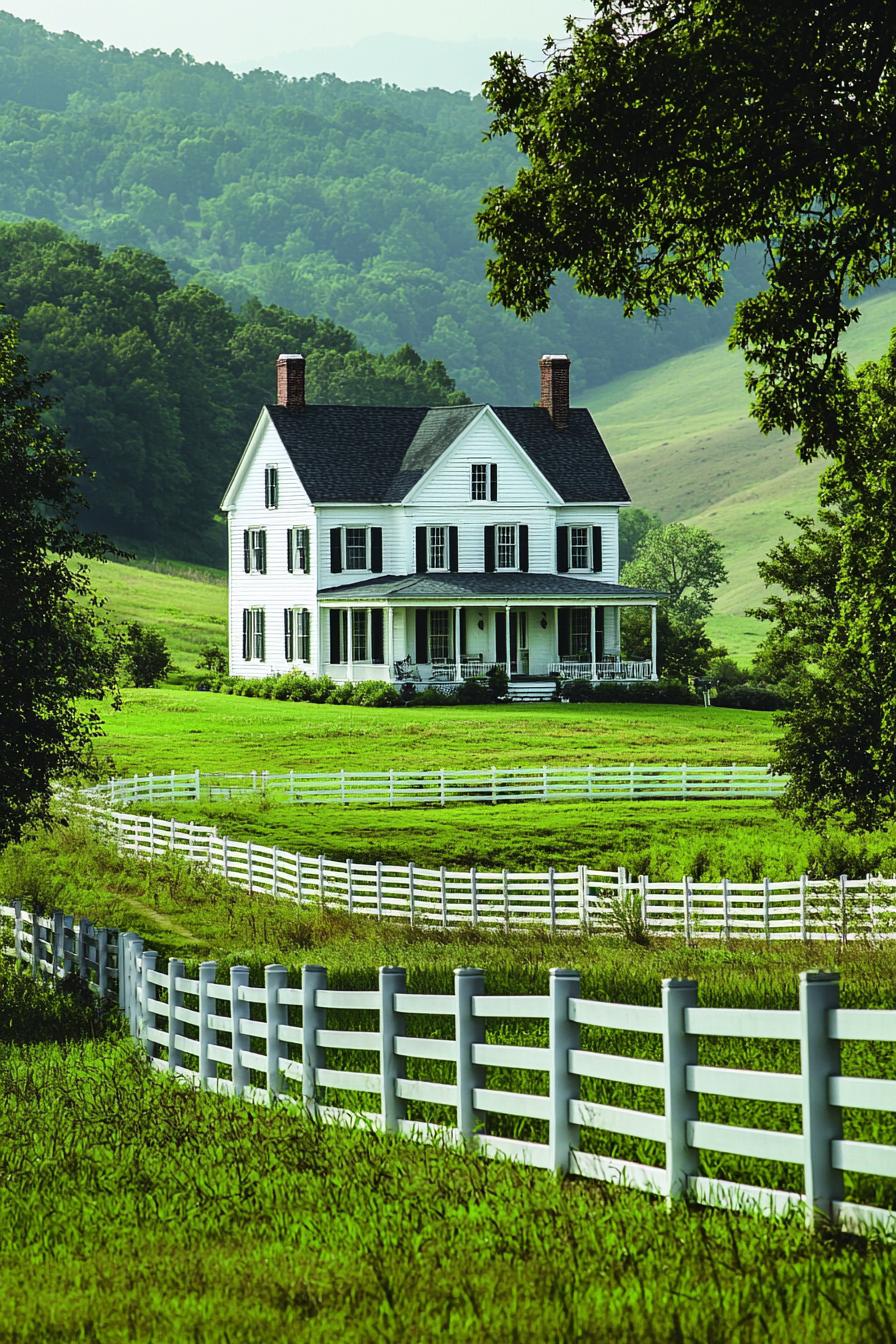 White farmhouse on a lush hill with a picket fence