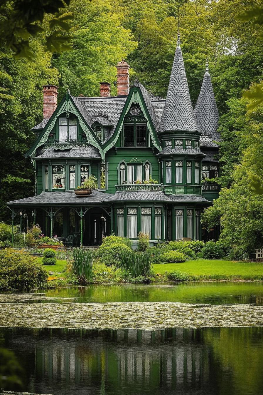 Victorian mansion with vibrant green facade grey roof with turrets lakeside in lush green leafy woodland 1