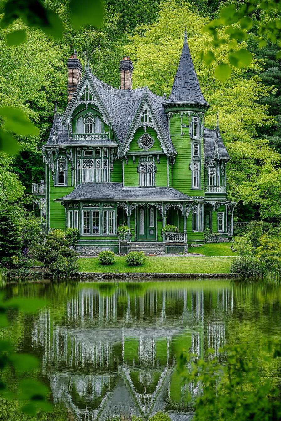 Victorian mansion with vibrant green facade grey roof with turrets lakeside in lush green leafy woodland 2