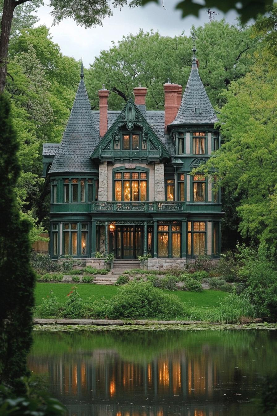 Victorian mansion with vibrant green facade grey roof with turrets lakeside in lush green leafy woodland 3