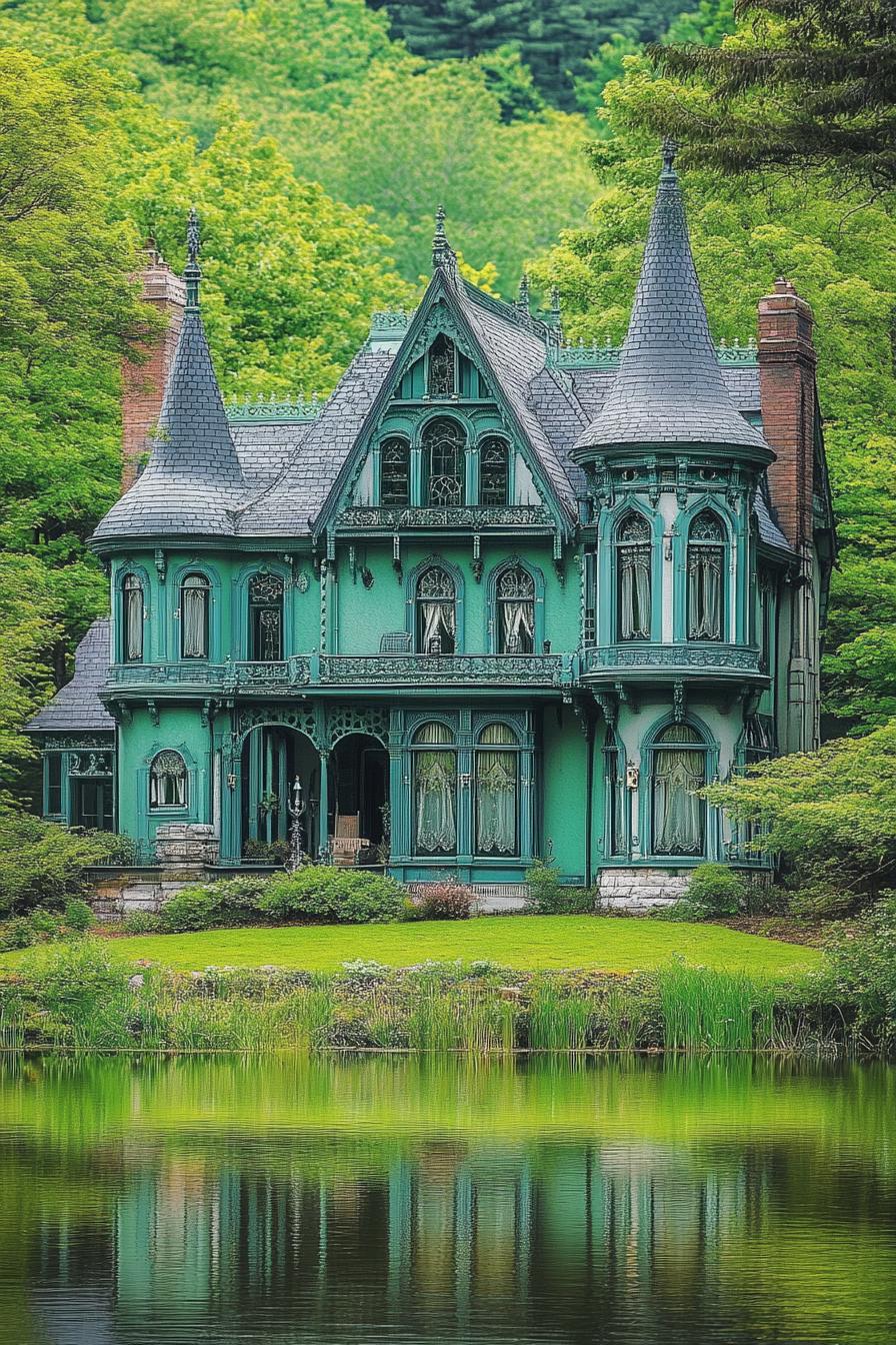 Victorian mansion with vibrant green facade grey roof with turrets lakeside in lush green leafy woodland