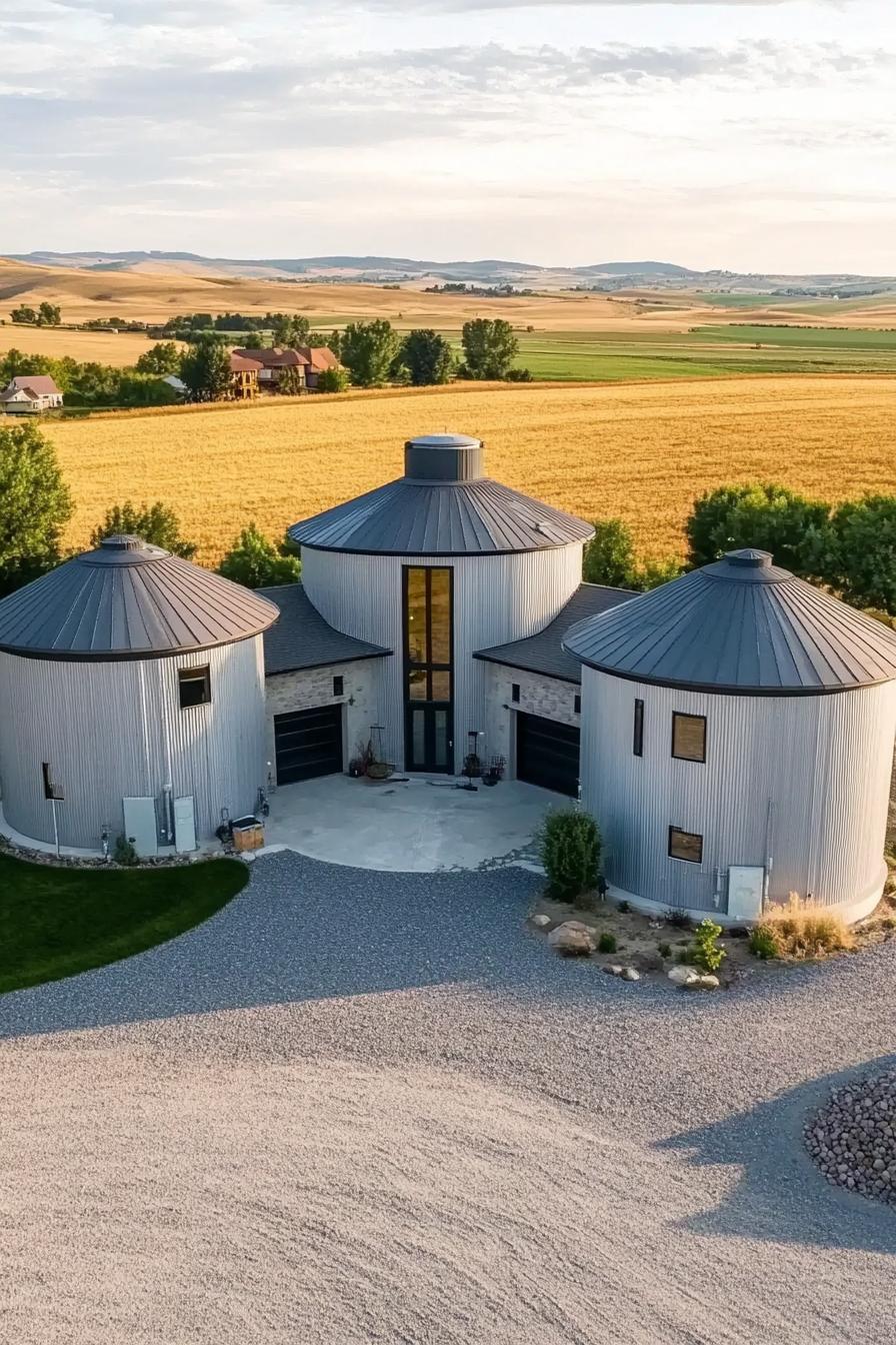 aerial view of large estate built from grain silos connected with house additions modern windows large gravel front yard beautiful farmlands in the 1