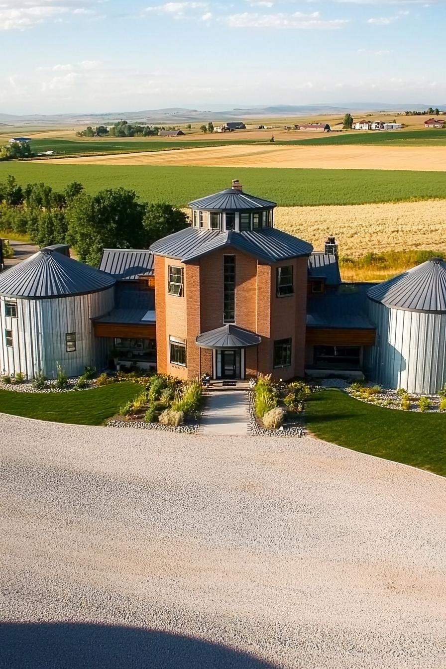 aerial view of large estate built from grain silos connected with house additions modern windows large gravel front yard beautiful farmlands in the 2