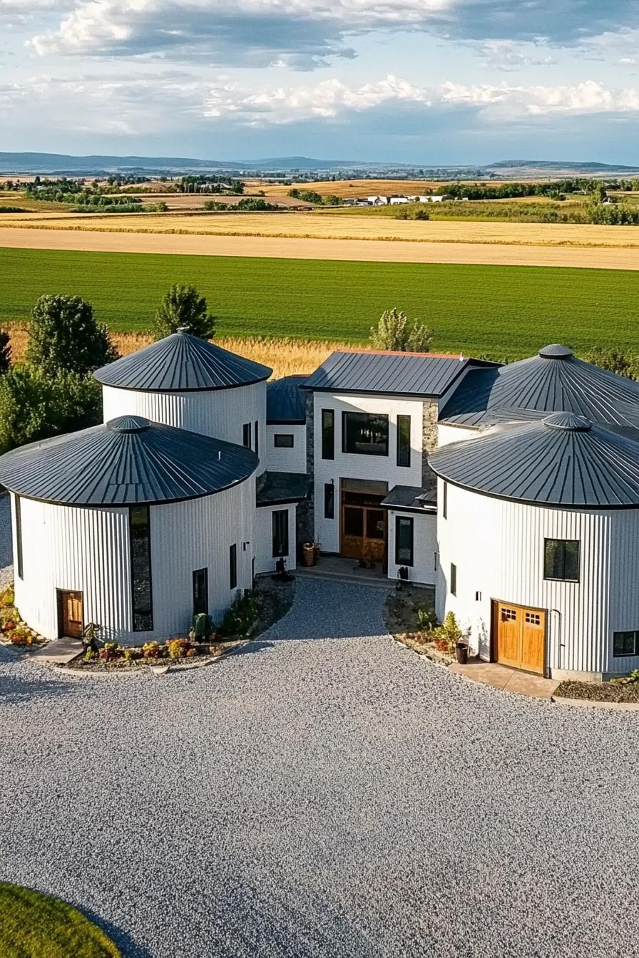 aerial view of large estate built from grain silos connected with house additions modern windows large gravel front yard beautiful farmlands in the 3