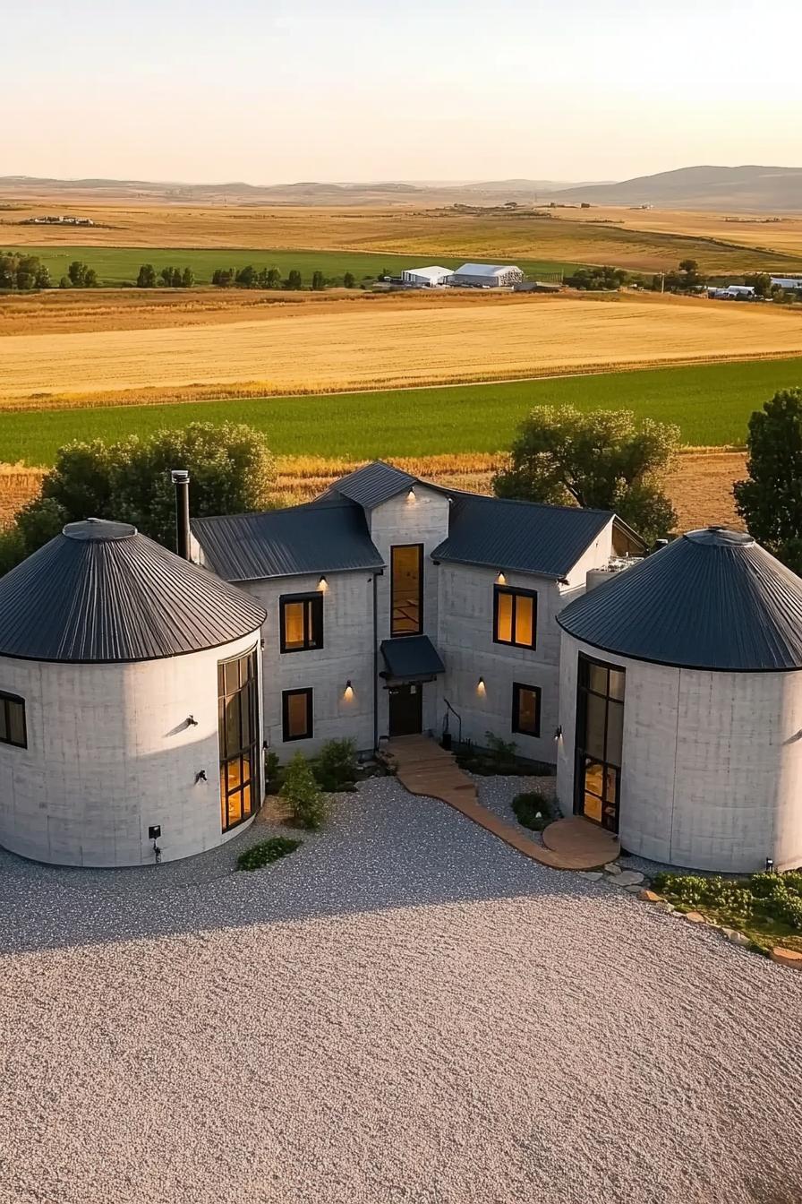 aerial view of large estate built from grain silos connected with house additions modern windows large gravel front yard beautiful farmlands in the