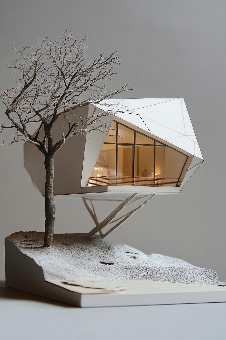 architecture model of a modern house geometric facade large deck built around a tree grey background