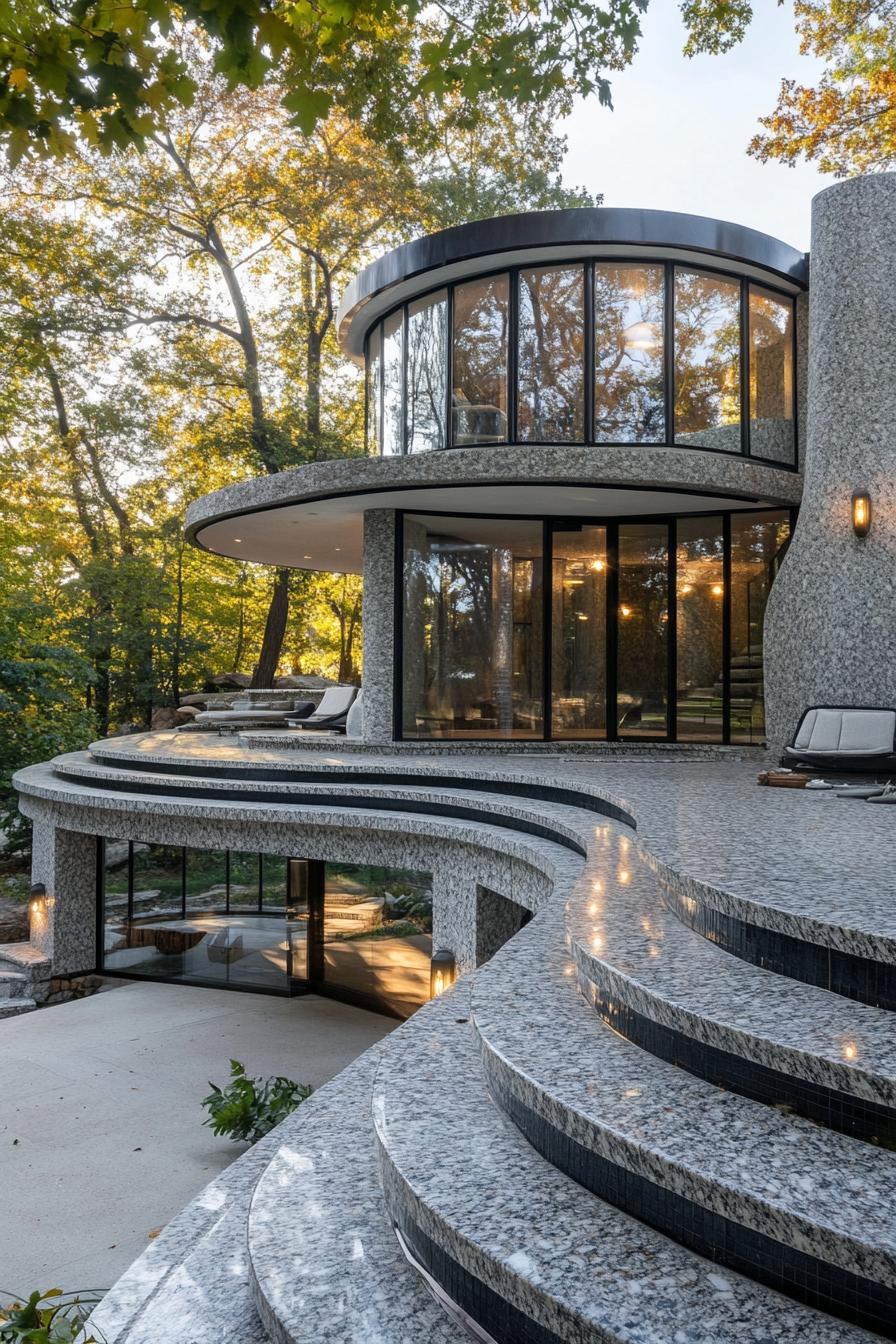 art deco curved grey granite house with indoor outdoor transition stairs leading to the upper floor with full wall glass downstairs living area with 1