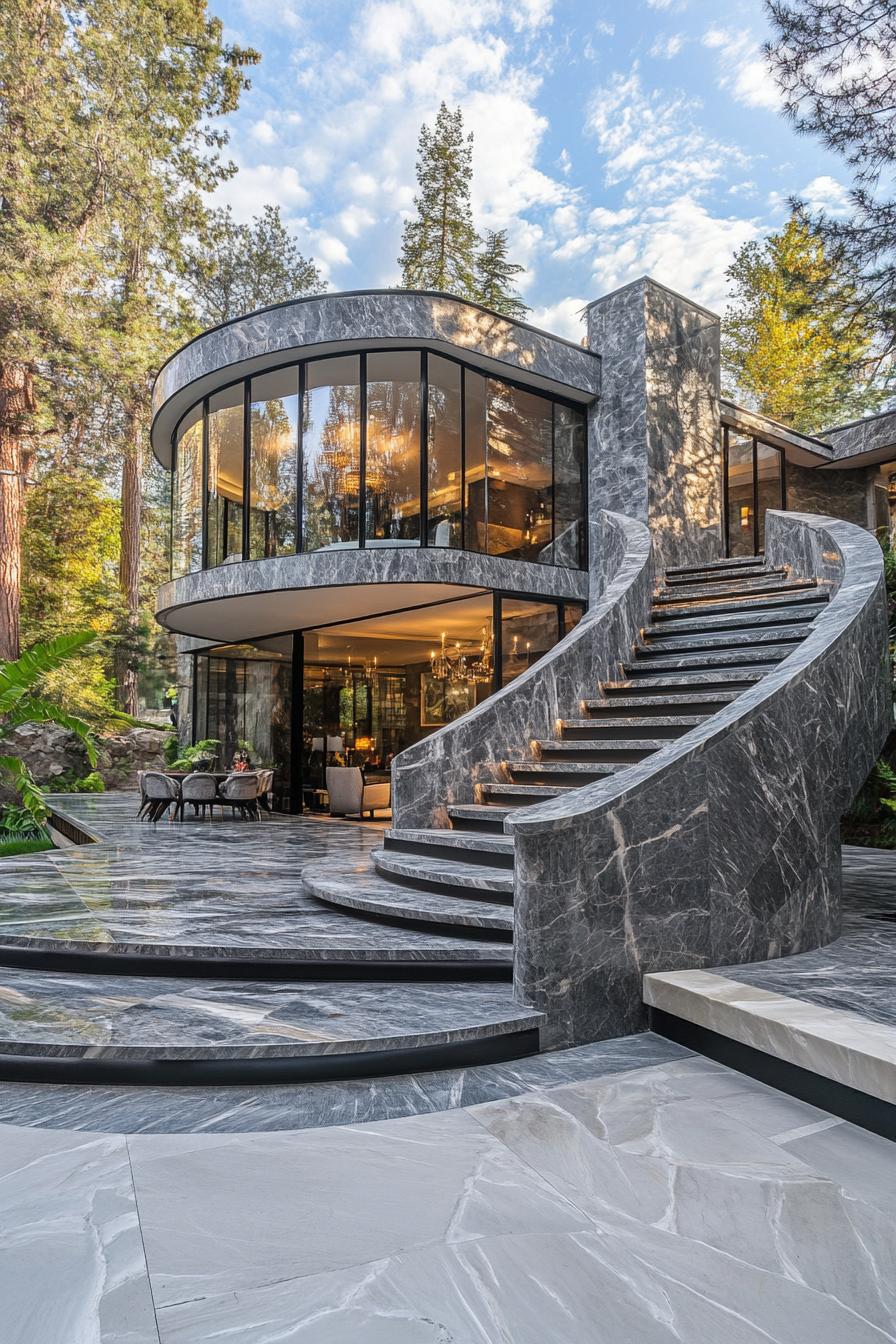 art deco curved grey granite house with indoor outdoor transition stairs leading to the upper floor with full wall glass downstairs living area with 3