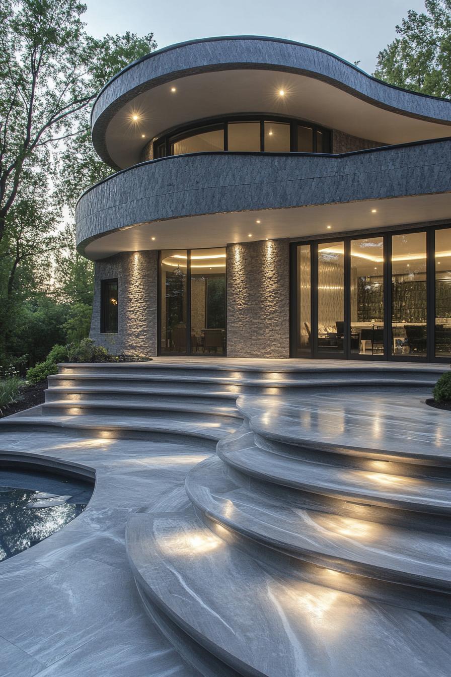 art deco curved grey granite house with indoor outdoor transition stairs leading to the upper floor with full wall glass downstairs living area with