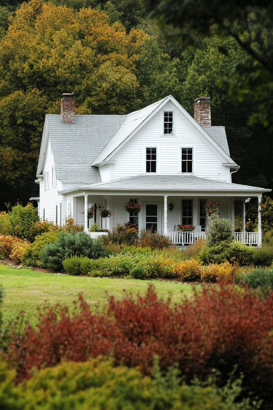 countryside farmhouse cottage in white siding grey roof front porch landscape with geometric shrubs an trees 1