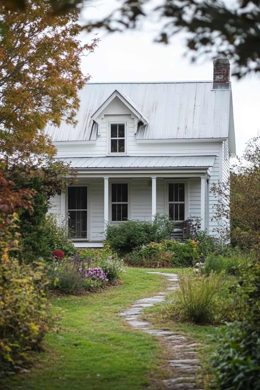 countryside farmhouse cottage in white siding grey roof front porch landscape with geometric shrubs an trees 2