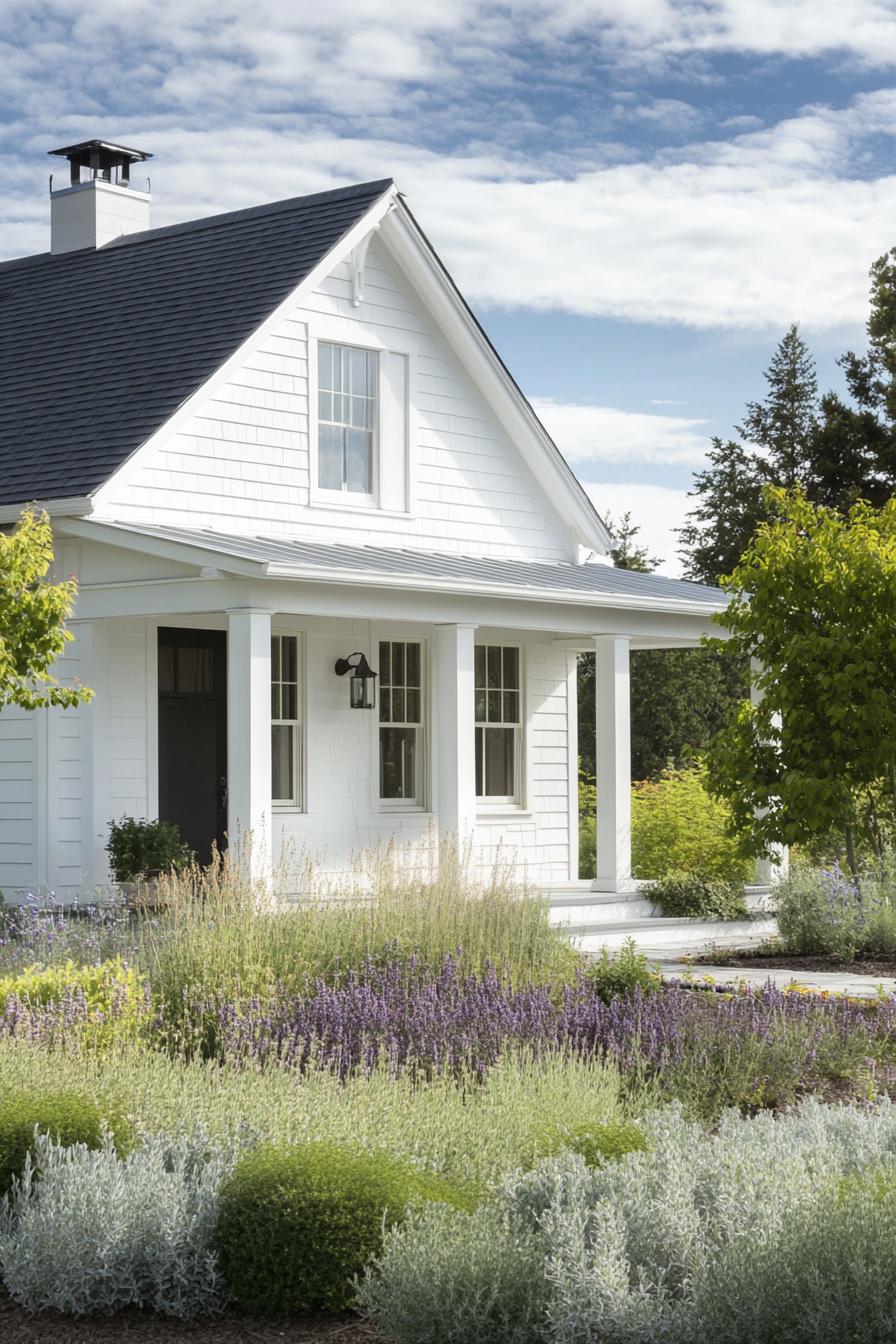 countryside farmhouse cottage in white siding grey roof front porch landscape with geometric shrubs an trees 3