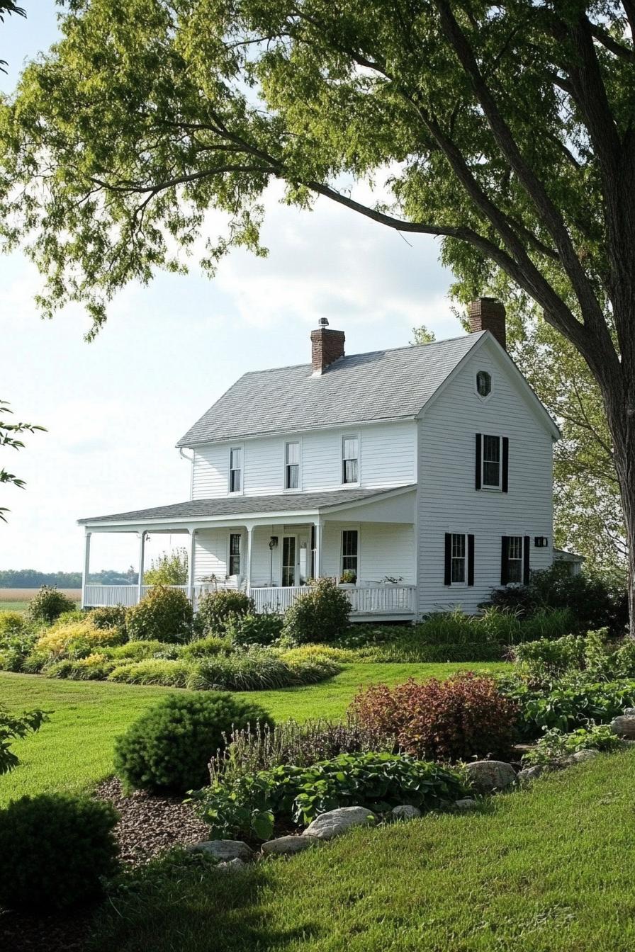 countryside farmhouse cottage in white siding grey roof front porch landscape with geometric shrubs an trees