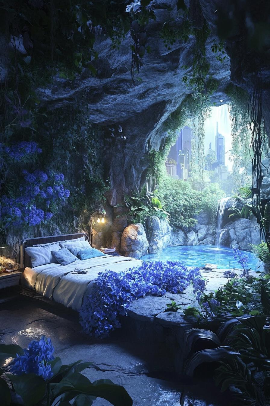 dreamscape of a cave home bedroom the walls are overgrown with dark blue flowers theres a cave pool with lush plants 1