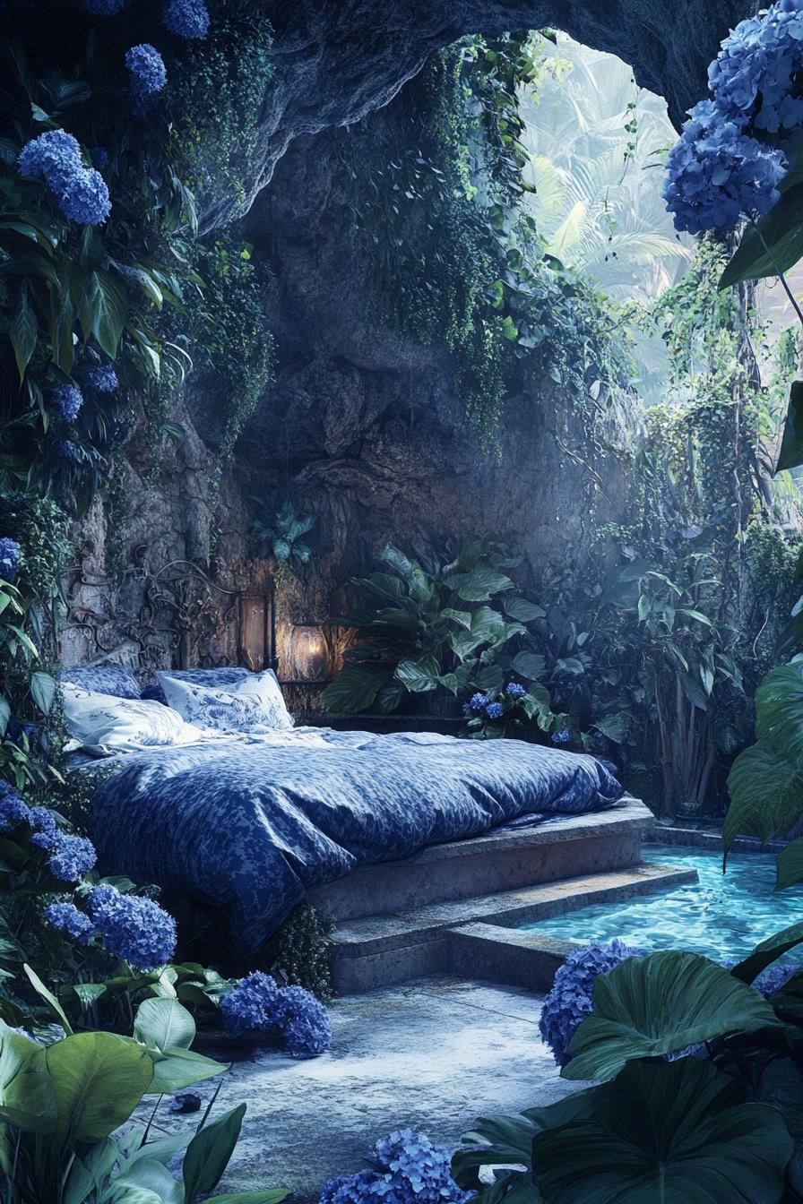 dreamscape of a cave home bedroom the walls are overgrown with dark blue flowers theres a cave pool with lush plants 2