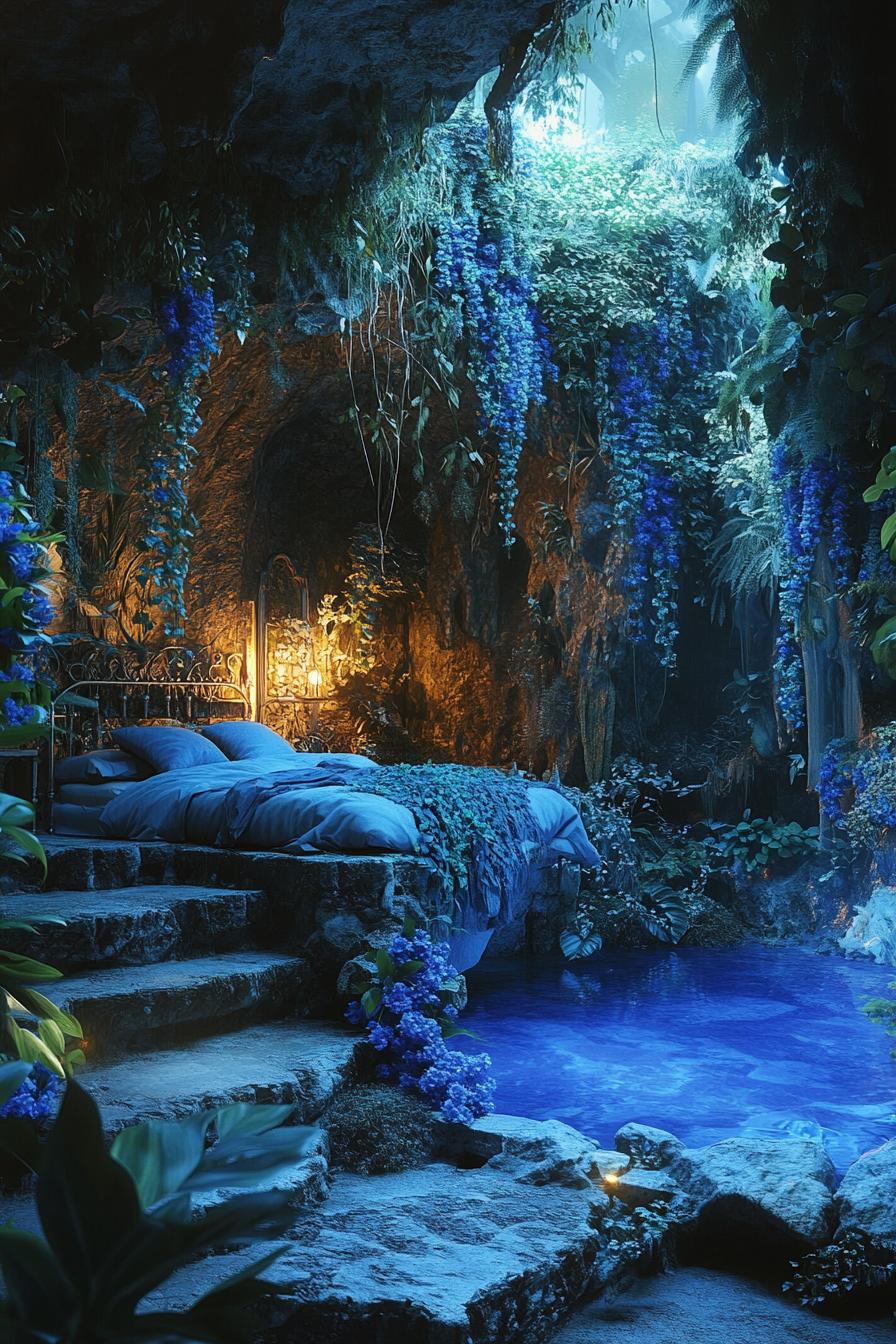 dreamscape of a cave home bedroom the walls are overgrown with dark blue flowers theres a cave pool with lush plants 3