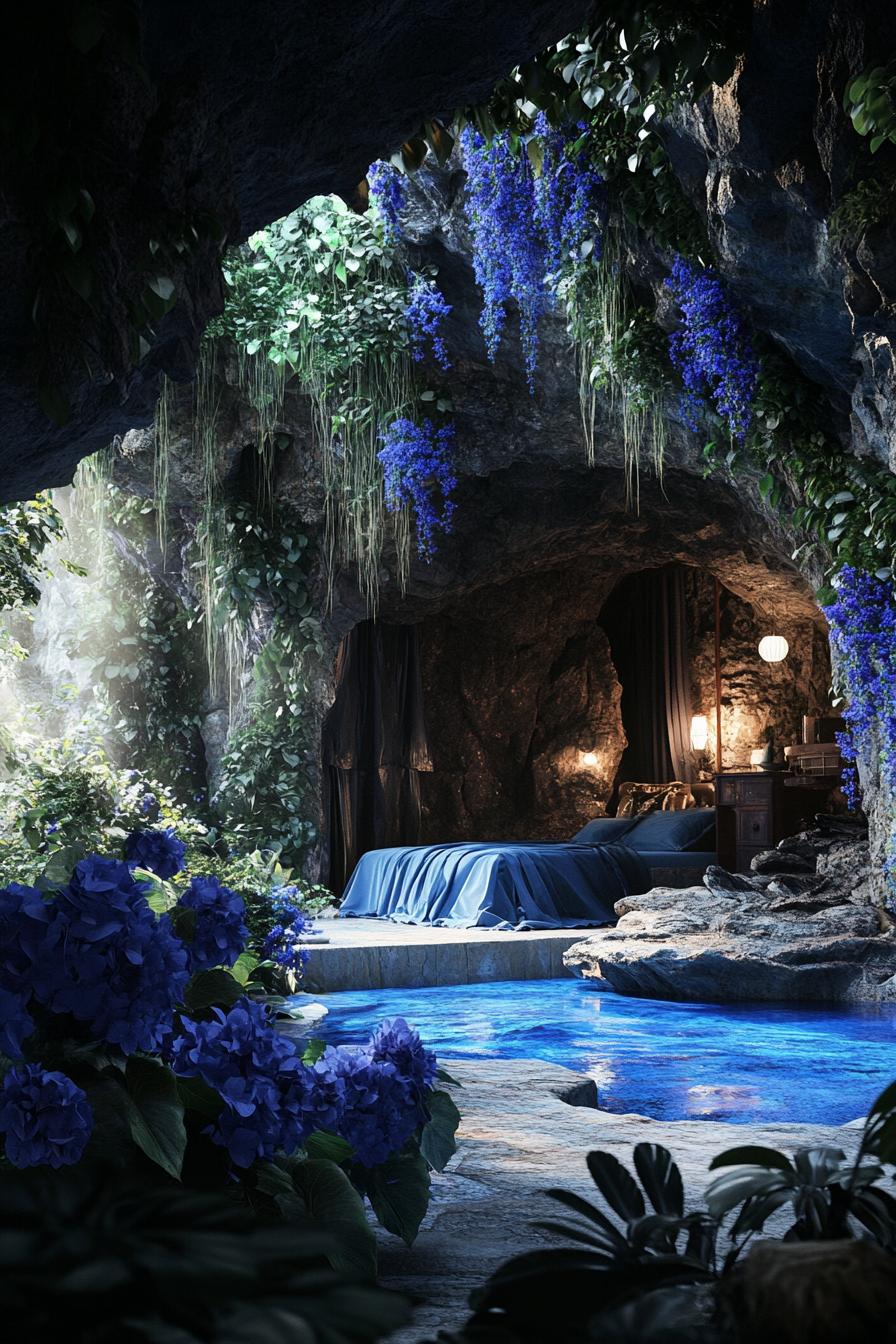 dreamscape of a cave home bedroom the walls are overgrown with dark blue flowers theres a cave pool with lush plants