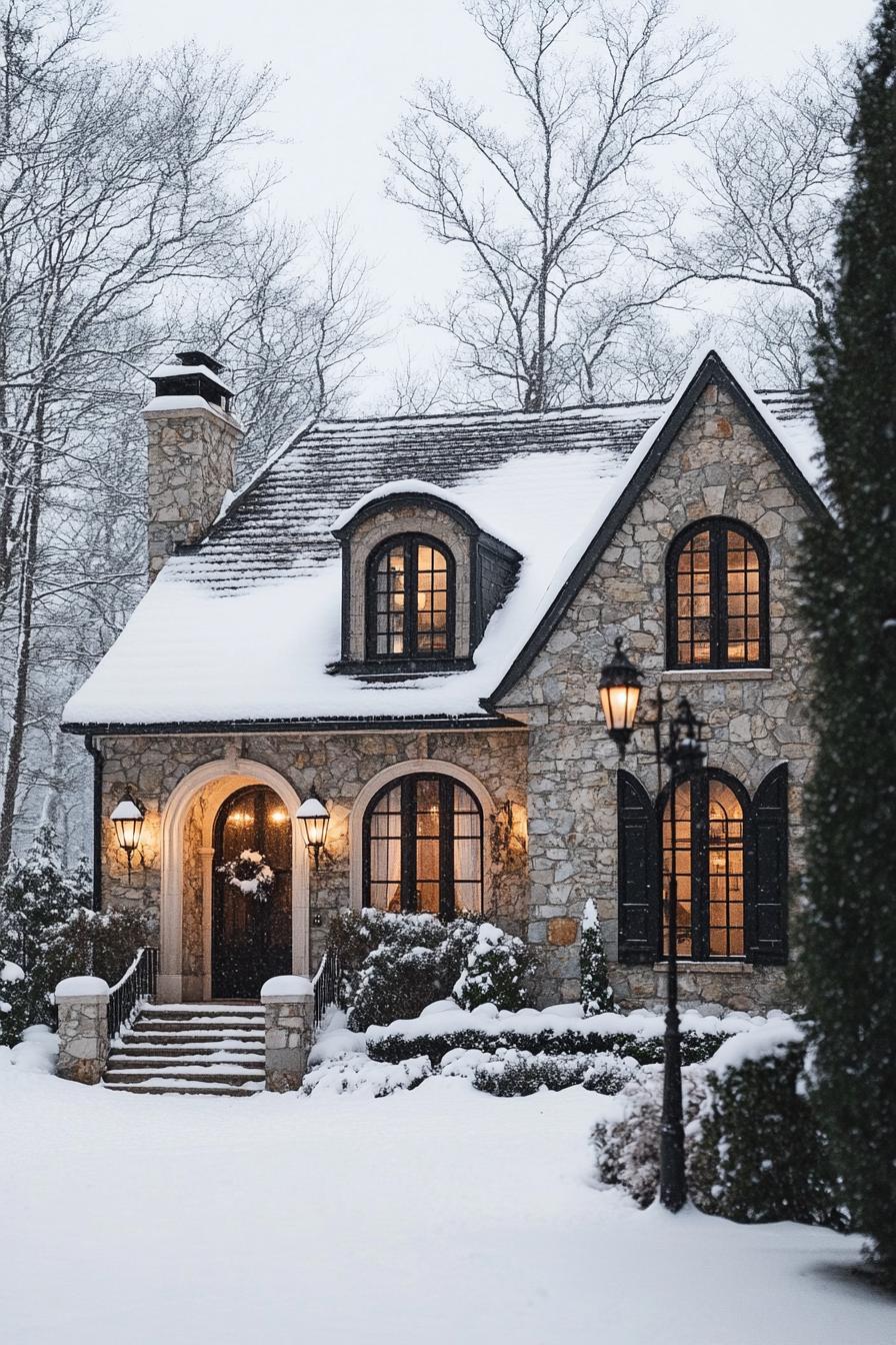 french cottage house with stone siding snow on the roof arched entry with steps clean off snow snowed in front yard lamp posts surrounede with 1