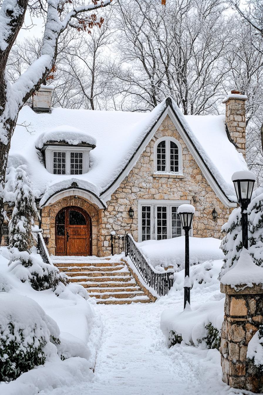 french cottage house with stone siding snow on the roof arched entry with steps clean off snow snowed in front yard lamp posts surrounede with 2