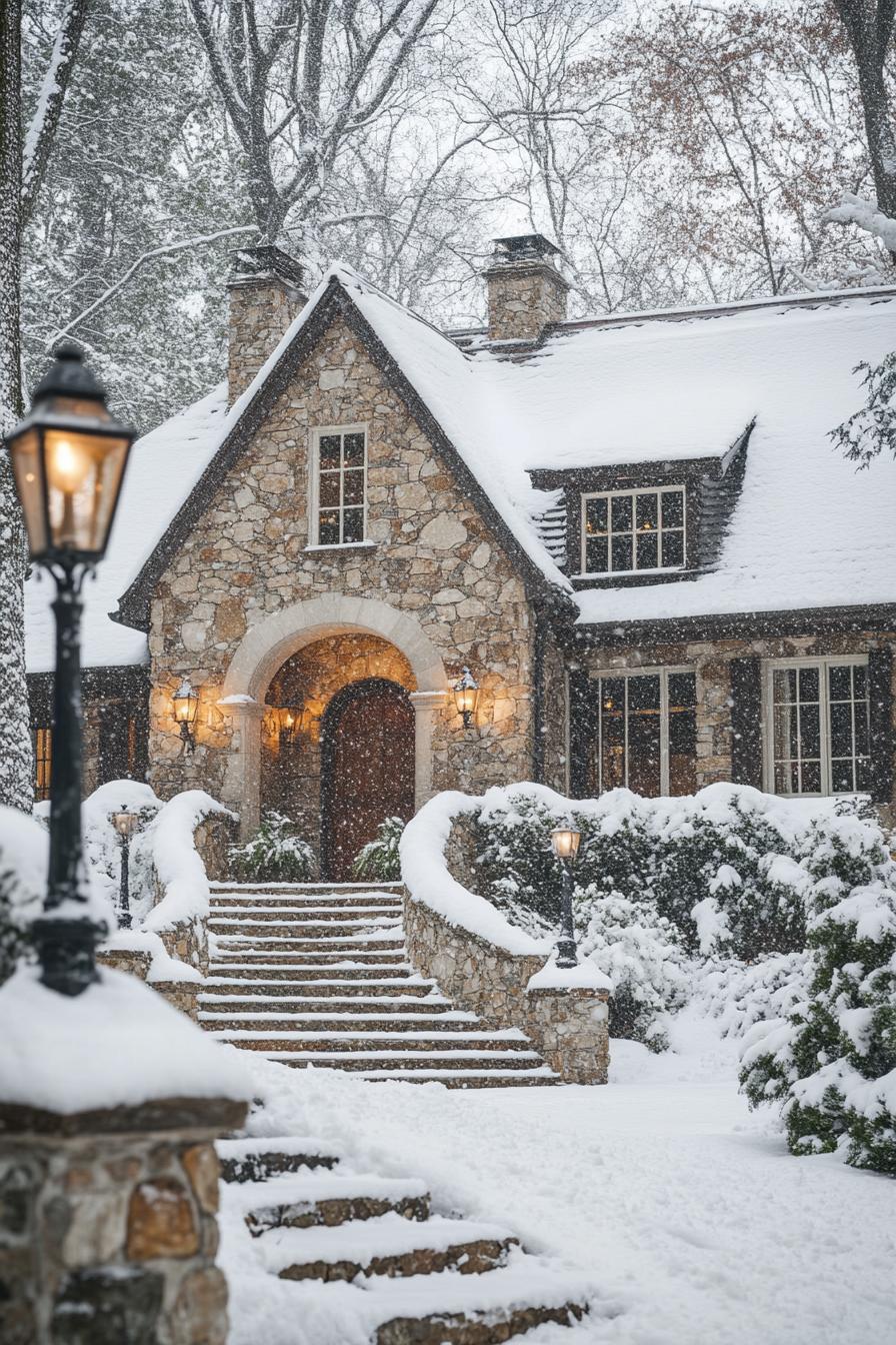 french cottage house with stone siding snow on the roof arched entry with steps clean off snow snowed in front yard lamp posts surrounede with