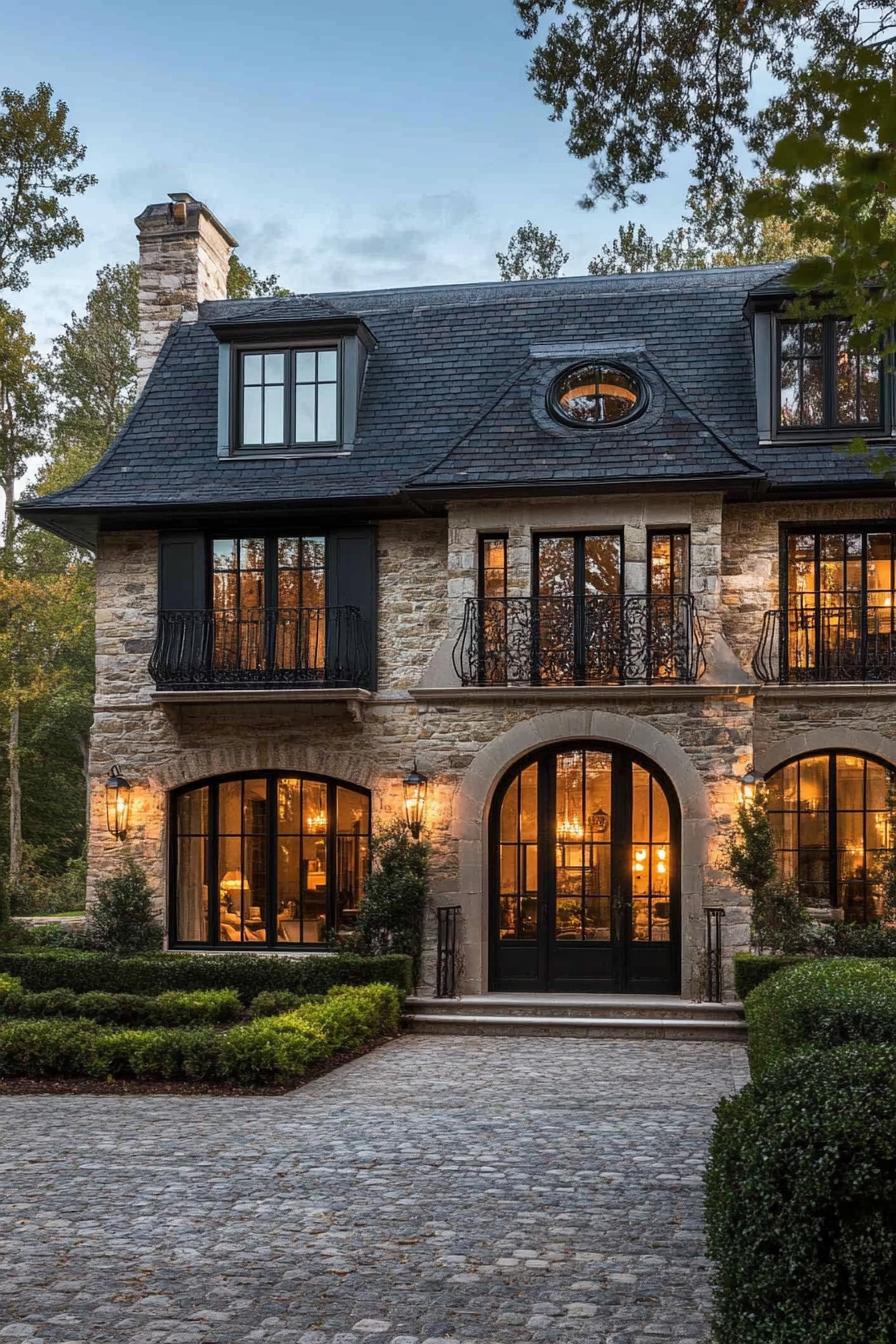 french country cottage with polished stone tile facade dark grey shingle roof with dormers large arched windows iron balconies big arch entry 1