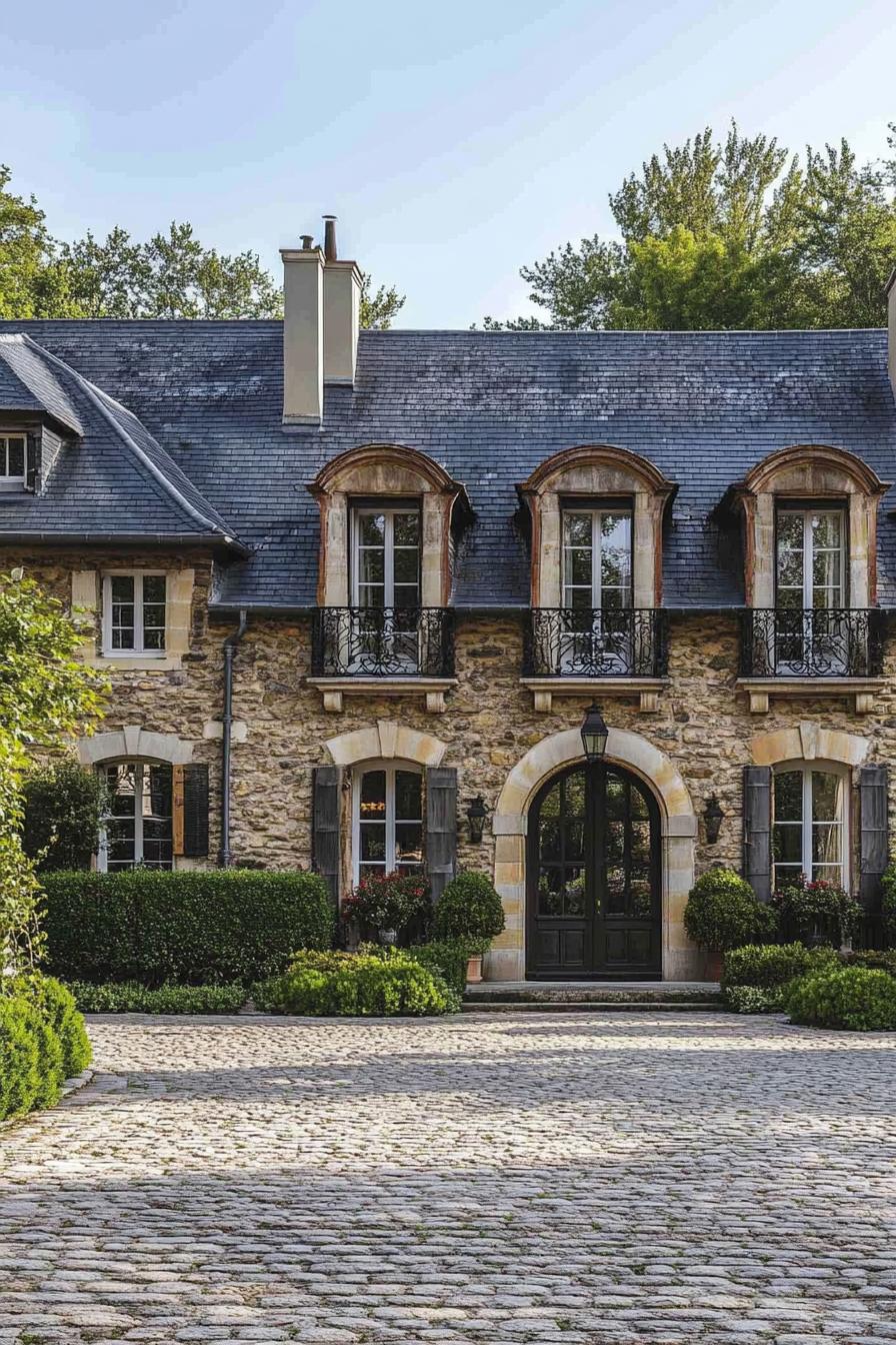 french country cottage with polished stone tile facade dark grey shingle roof with dormers large arched windows iron balconies big arch entry 2